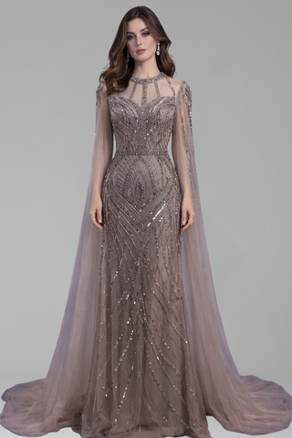 Beaded Mermaid Dress with Cape Sleeves - LAROSABRIDE