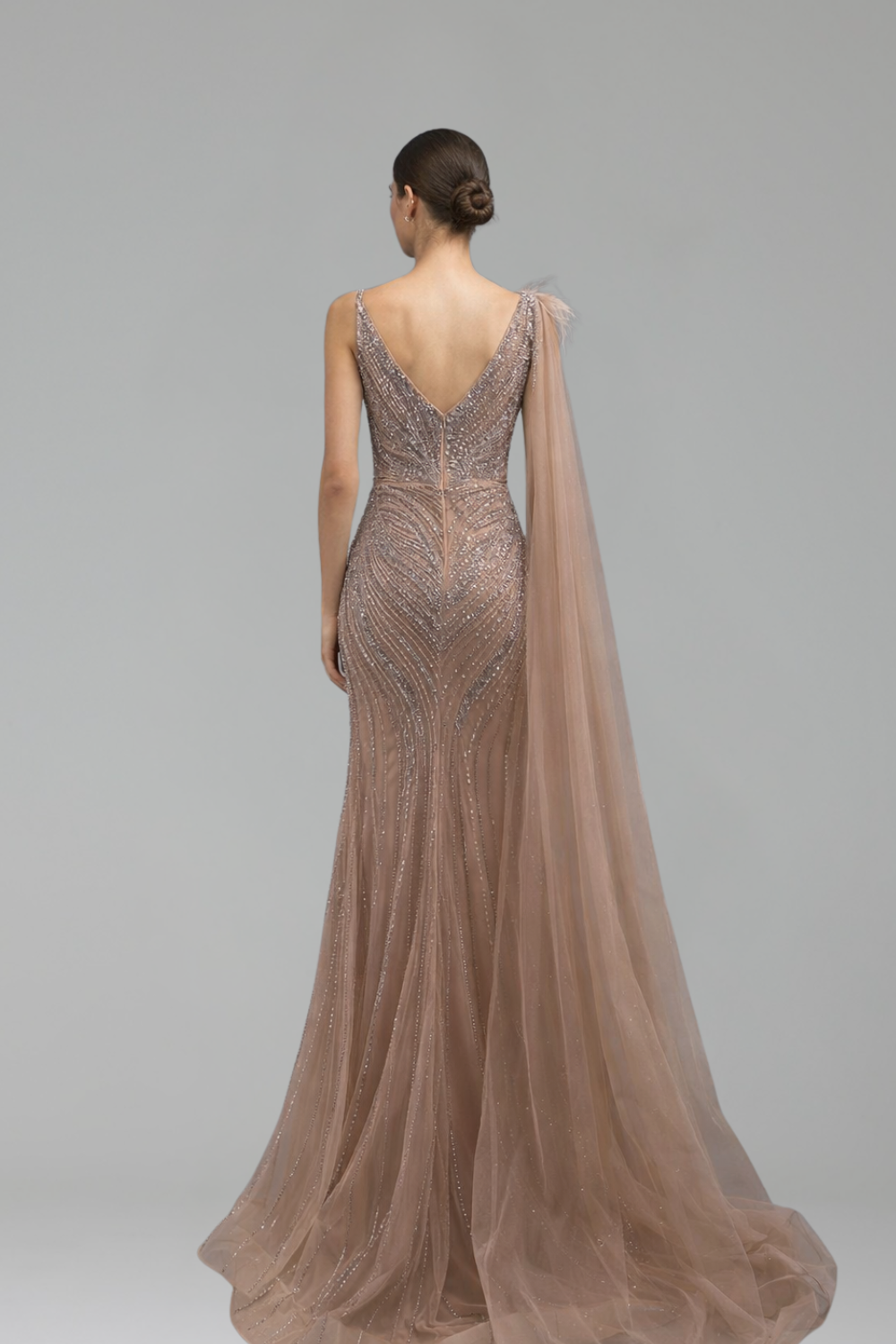 Nude Beaded One-Shoulder Dress-Larosabride