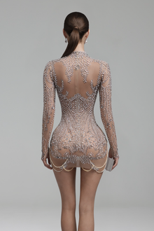 Crystal Embellished Illusion Mini Dress - LAROSABRIDE