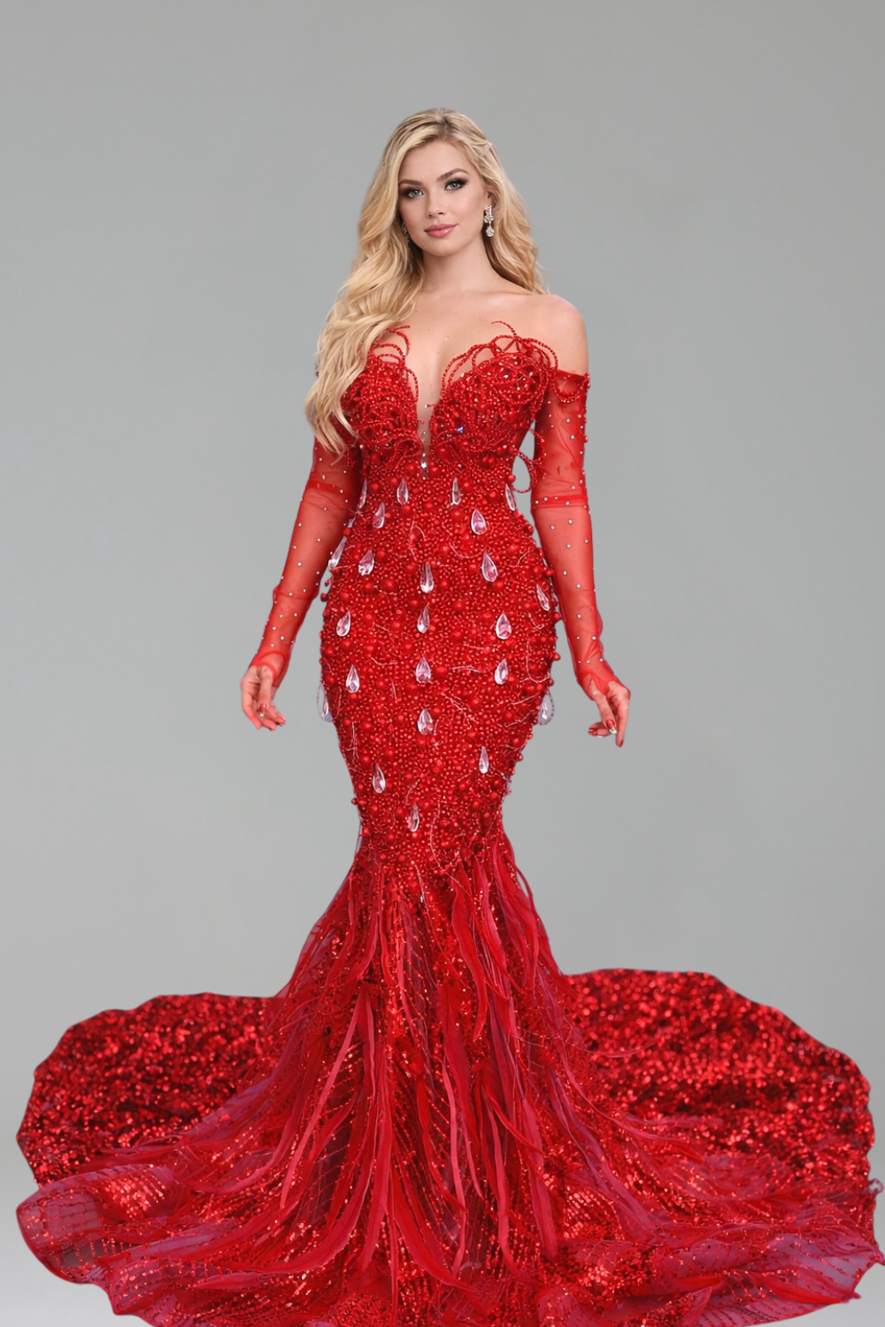 Embellished Illusion Mermaid Train Gown - LAROSABRIDE