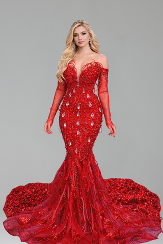 Embellished Illusion Mermaid Train Gown - LAROSABRIDE