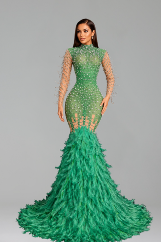 Emerald Crystal Feather Gown