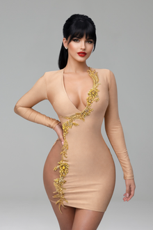Embellished Deep V Bodycon Mini Dress - LAROSABRIDE
