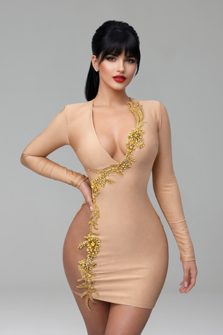 Embellished Deep V Bodycon Mini Dress - LAROSABRIDE