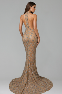 Crystal Floral Halter Sheer Gown - LAROSABRIDE