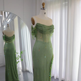 Ships in 2 to 5 Days - Arabic Green Crystal Luxury Dubai Evening Dresses Gowns High Slit Prom Dress for Women Wedding Party 2025
