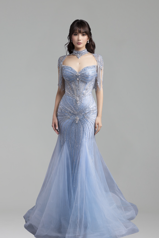 Beaded Dress with Tassel Cape - LAROSABRIDE