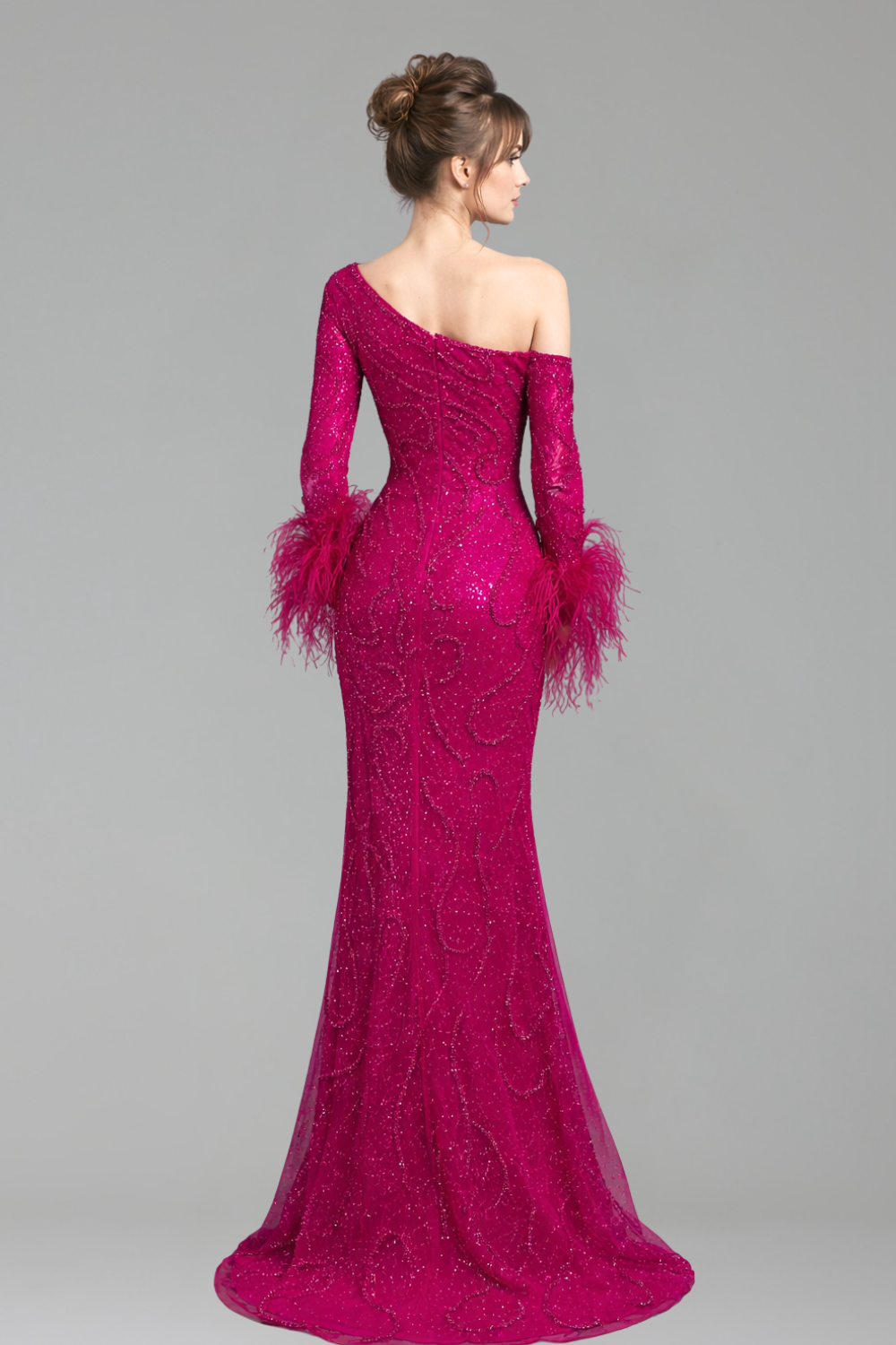 Beaded Feather One Shoulder Dress - LAROSABRIDE