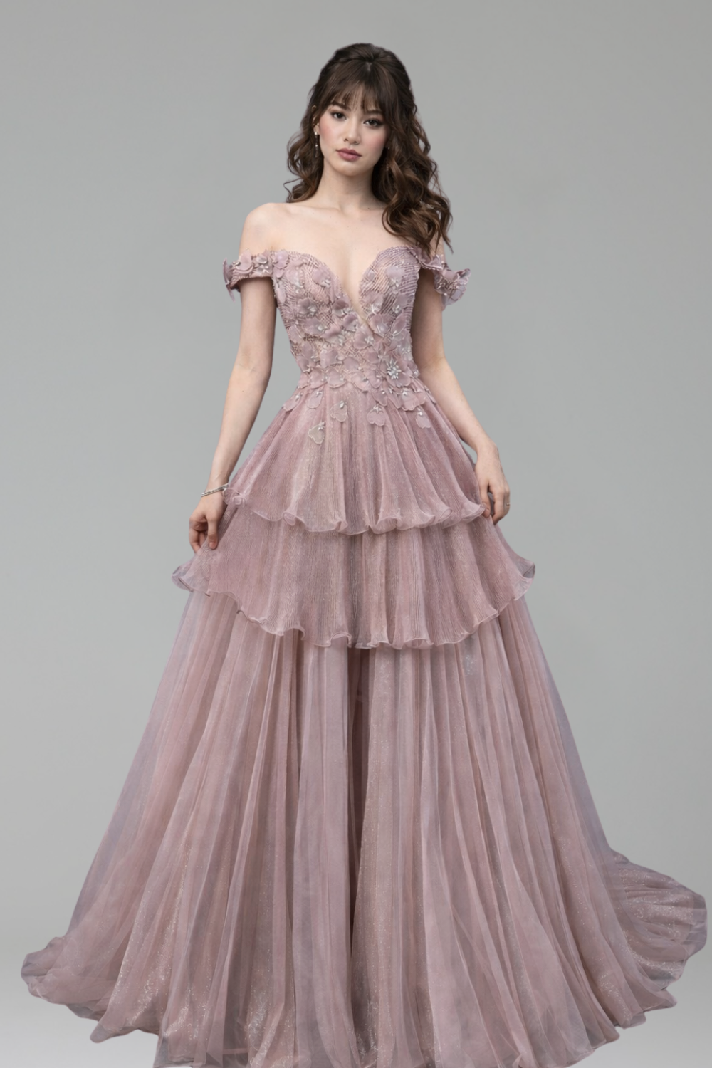 Pink Dreamy Ruffles Beaded A-Line Gown - LAROSABRIDE