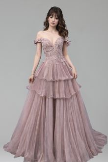 Pink Dreamy Ruffles Beaded A-Line Gown - LAROSABRIDE