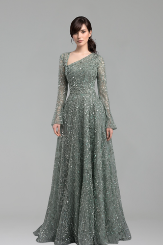 Turquoise Beaded A Line Evening Dress - LAROSABRIDE