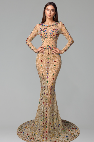 Multicolor Gem Embellished Mermaid Gown - LAROSABRIDE