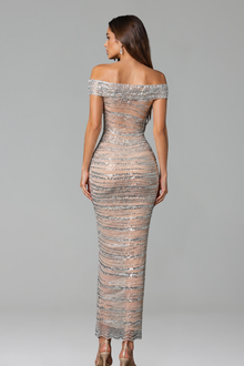 Off Shoulder Crystal Mesh Midi Dress - LAROSABRIDE