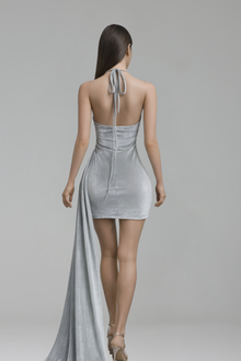 Halter Appliqu� Draped Train Mini Dress - LAROSABRIDE