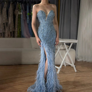 Ships in 2 to 5 Days - 2025 Arabic Strapless Blue Beaded Feathers Luxury Dubai Evening Gowns with Side Skirt for Women's Party