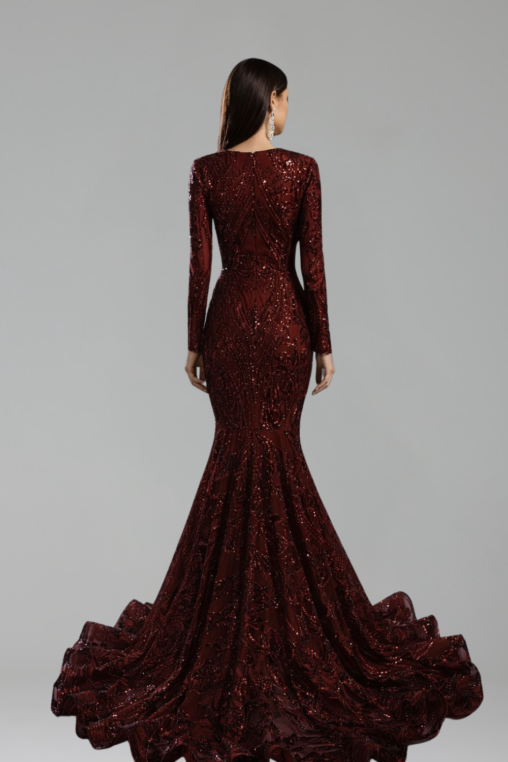 Long Sleeve Deep V Mermaid Gown - LAROSABRIDE