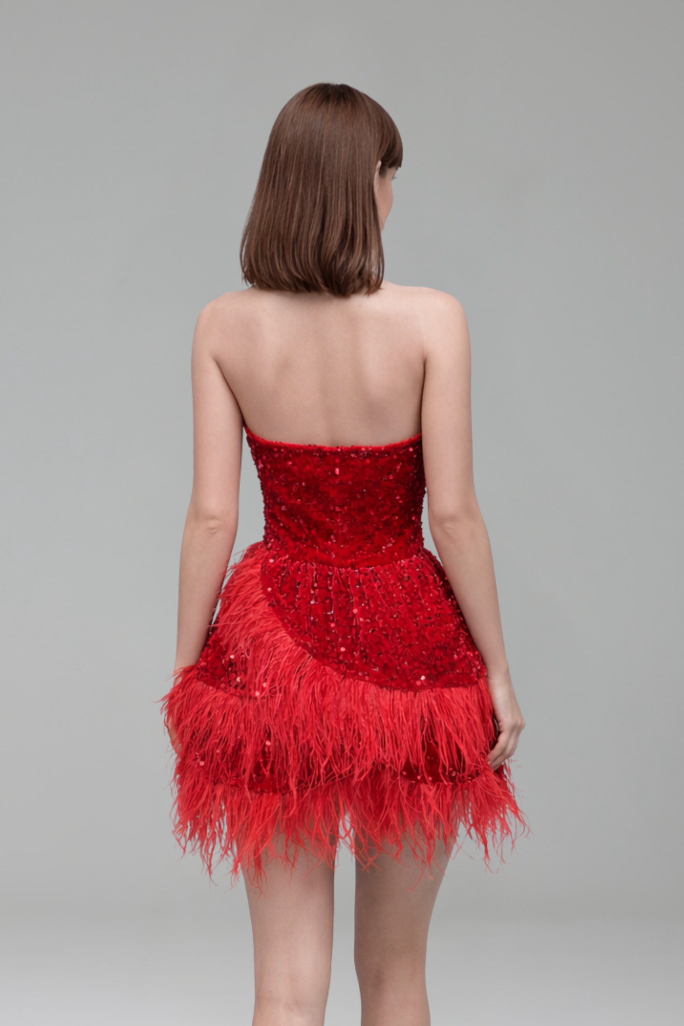 Red Beaded Feather Dress - LAROSABRIDE