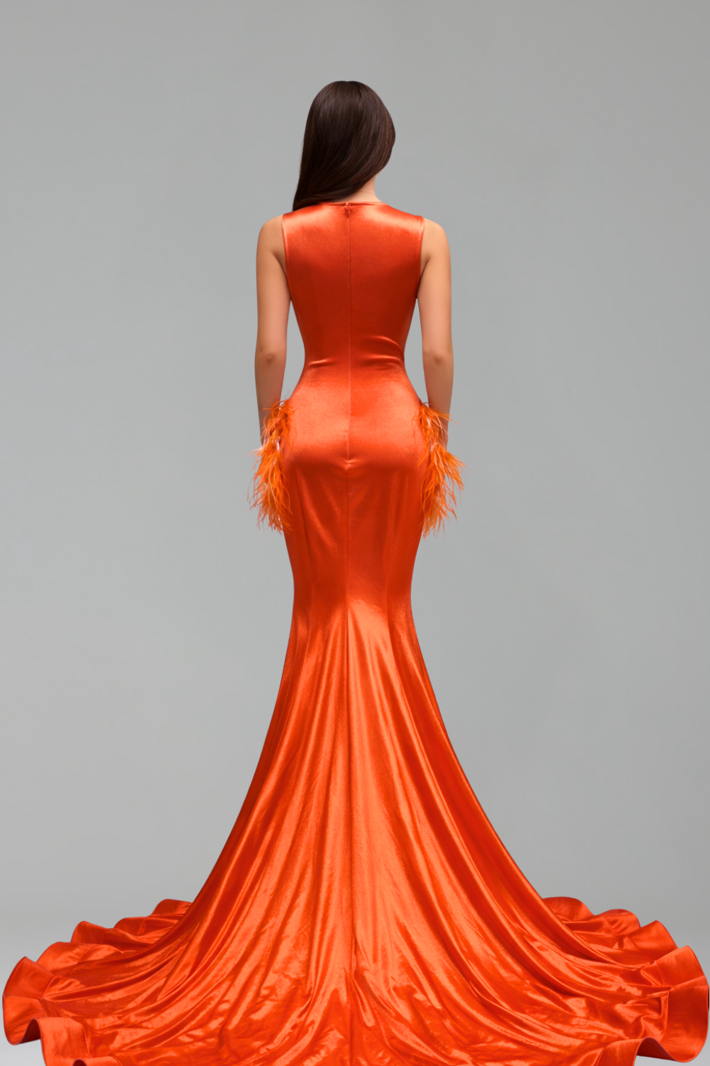 Feathered Beaded Illusion Mermaid Gown - LAROSABRIDE