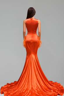 Feathered Beaded Illusion Mermaid Gown - LAROSABRIDE
