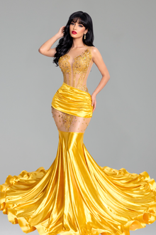 Illusion Beaded Draped Mermaid Gown - LAROSABRIDE