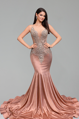 Beaded Bodice Satin Mermaid Gown - LAROSABRIDE