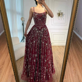 Ships in 2 to 5 Days - 2025 Sage Green Saudi Beaded A-Line Evening Gown with Spaghetti Straps – Customized Elegance