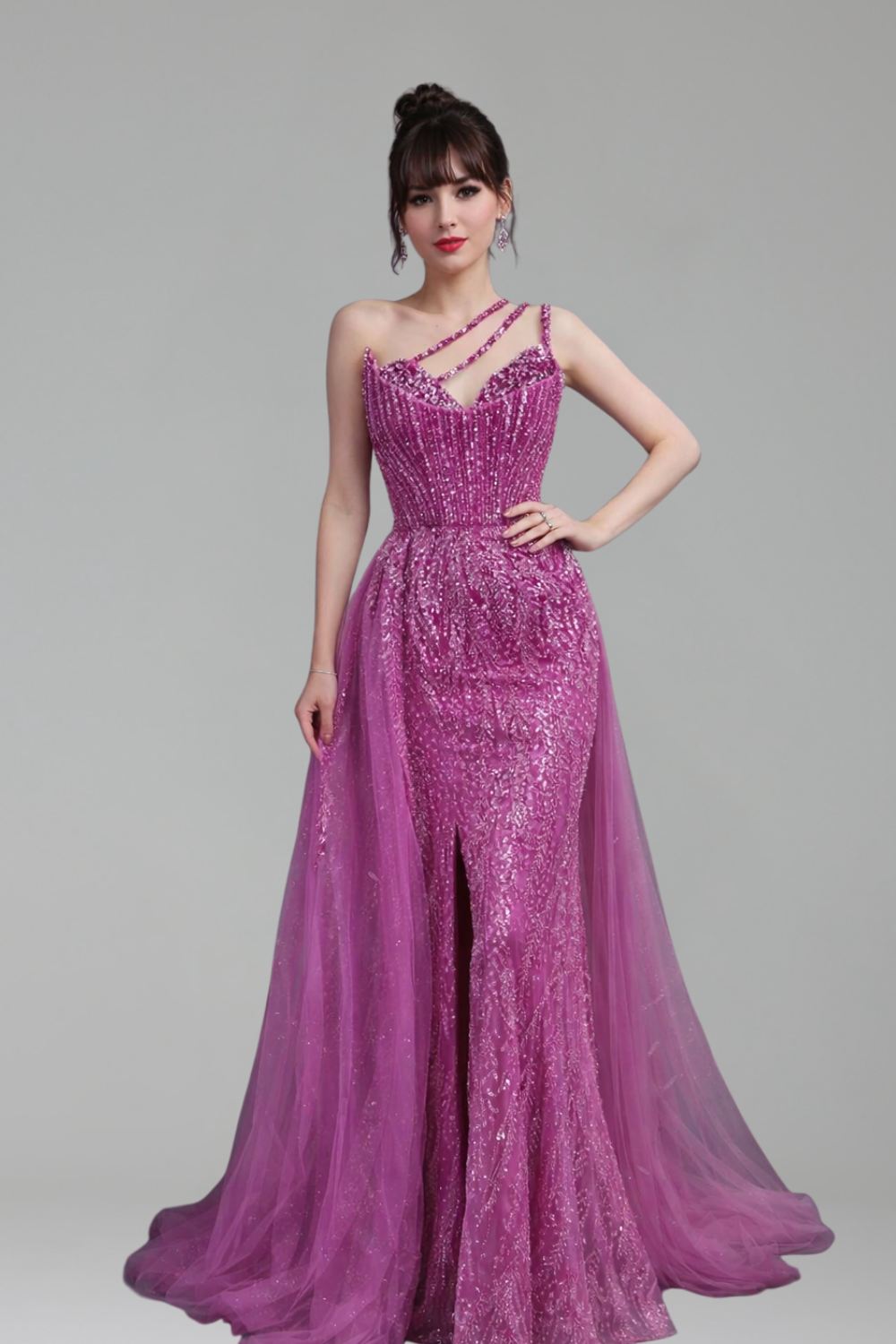 Crystal Beaded One Shoulder Dress - LAROSABRIDE