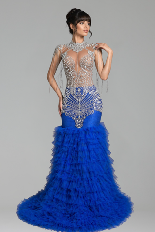 Crystal Embellished Bodice Ruffled Tulle Gown - LAROSABRIDE
