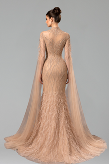 Beaded Feather Cape Sleeve Dress - LAROSABRIDE