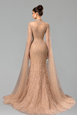 Beaded Feather Cape Sleeve Dress - LAROSABRIDE