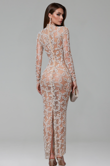 Sheer Pearl Embellished High Neck Gown - LAROSABRIDE