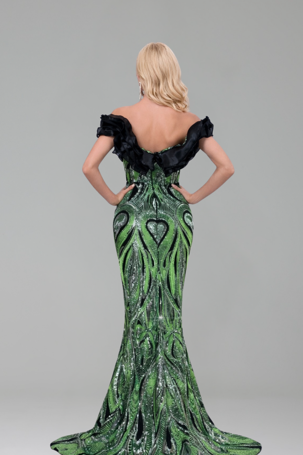 Off Shoulder Ruffle Beaded Mermaid Gown - LAROSABRIDE