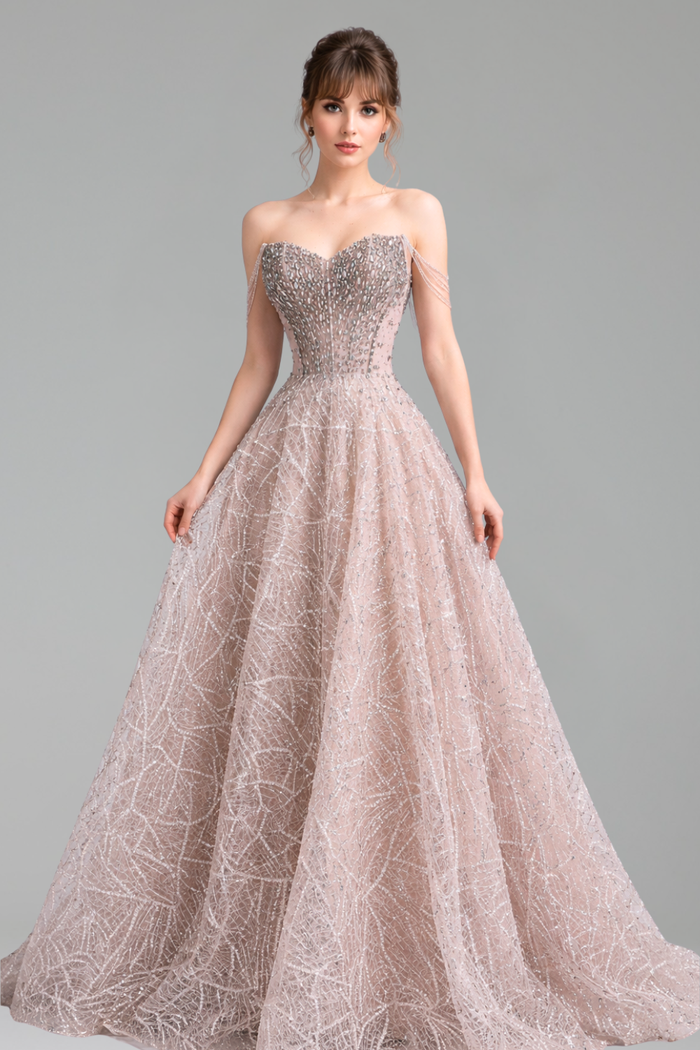 Off Shoulder A Line Sparkly Beaded Ball