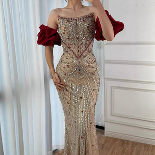 Embellished Off-Shoulder Gown with Dramatic Red Sleeves