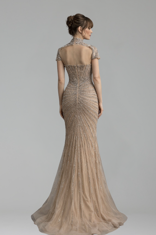 Beaded High Neck Mermaid Dress - LAROSABRIDE