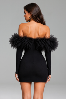 Off-Shoulder Feather Trim Mini Dress - LAROSABRIDE