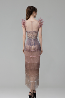 Feather Tassel Beaded Evening Dress - LAROSABRIDE