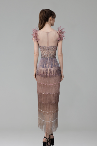 Feather Tassel Beaded Evening Dress - LAROSABRIDE