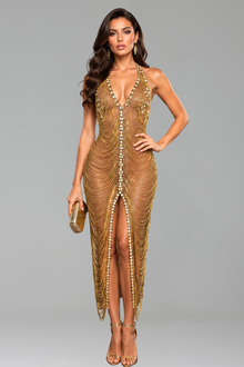 Draped Crystal Chain Halter Gown - LAROSABRIDE