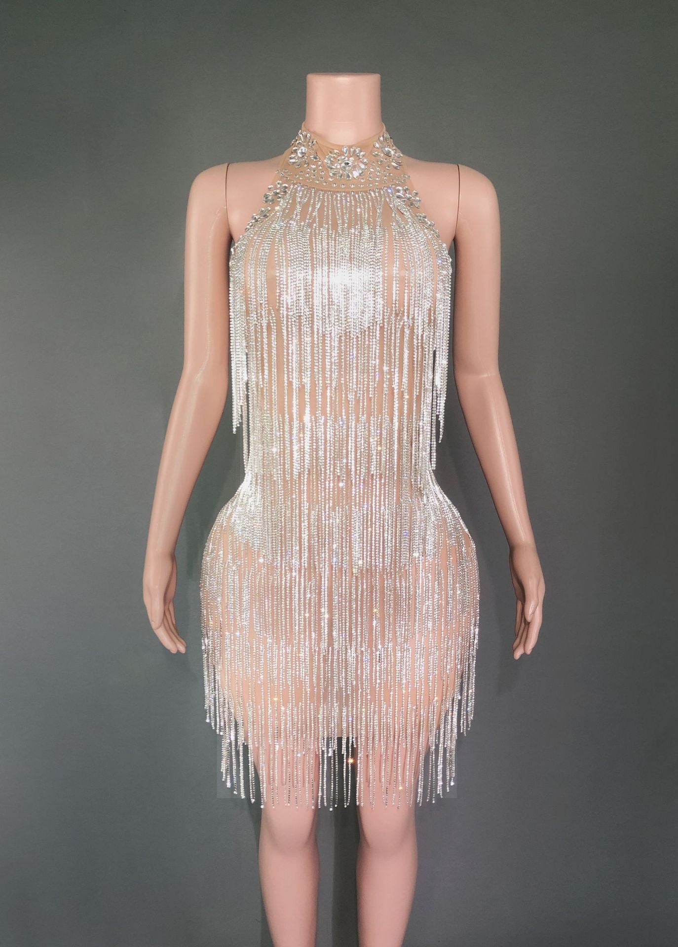 Sheer Illusion Beaded Mini Dress-Larosabride