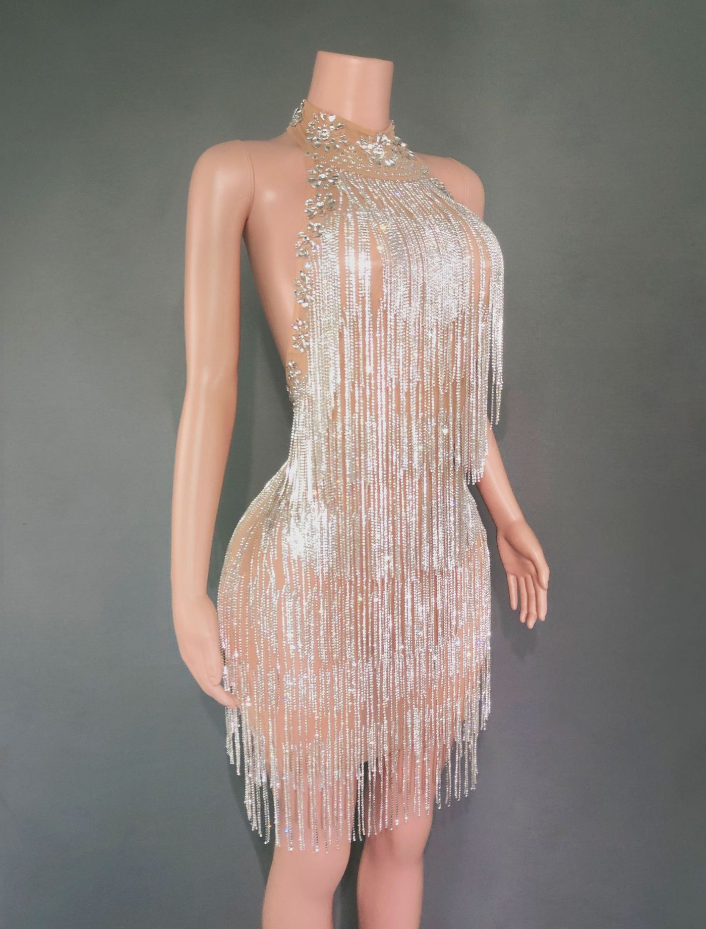 Sheer Illusion Beaded Mini Dress-Larosabride
