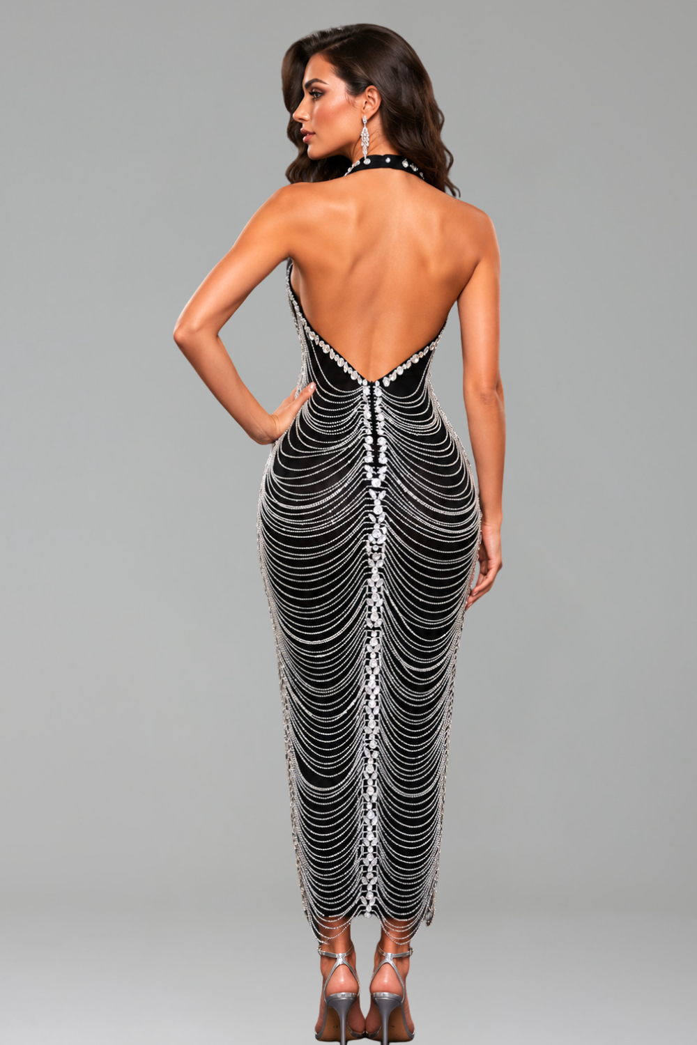 Draped Crystal Chain Halter Gown - LAROSABRIDE