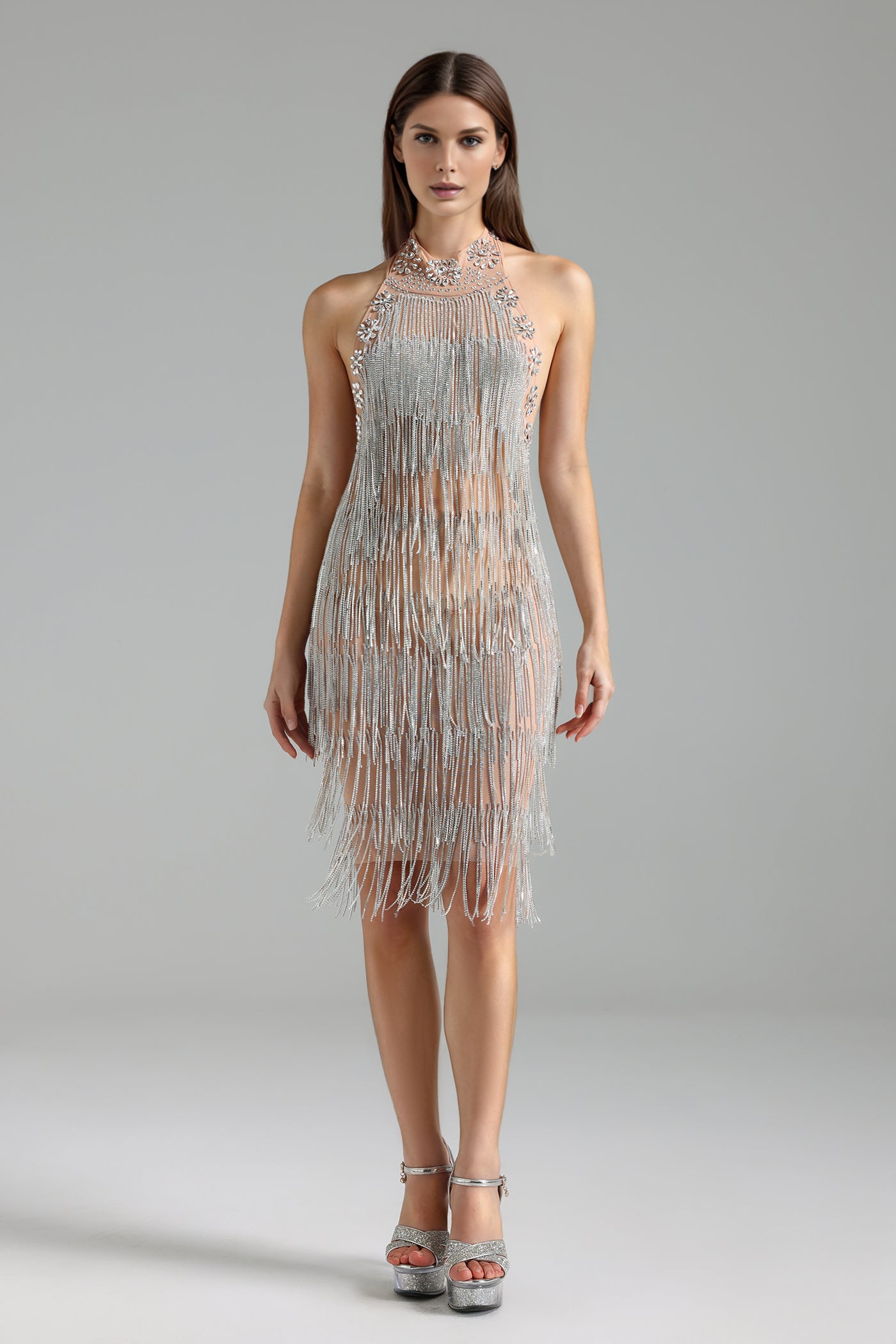Sheer Illusion Beaded Mini Dress-Larosabride