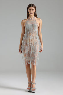 Sheer Illusion Beaded Mini Dress-Larosabride