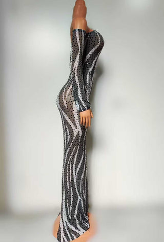 Zebra Sequin Mesh Bodycon Dress – Off-Shoulder Long Sleeve Maxi Gown