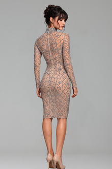 High Neck Crystal Illusion Midi Dress - LAROSABRIDE