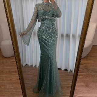 Turquoise Beaded Mermaid Evening Dress with Detachable High-Neck Overlay and Strapless Inner Gown