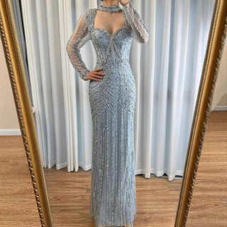 Ships in 2 to 5 Days - 2025 Caramel Beaded Mermaid Evening Gown – Long Sleeve Formal Dress for Weddings & Parties