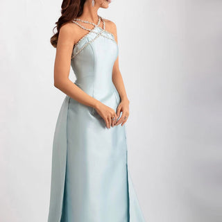 Ships in 2 to 5 Days -Blue Satin Elegant Halter Mermaid Evening Dress with Overskirt - Beaded Gown for Women's Wedding Party 2025