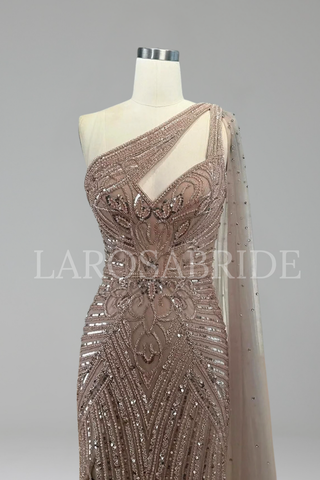 Beaded One Shoulder Mermaid Dress - LAROSABRIDE